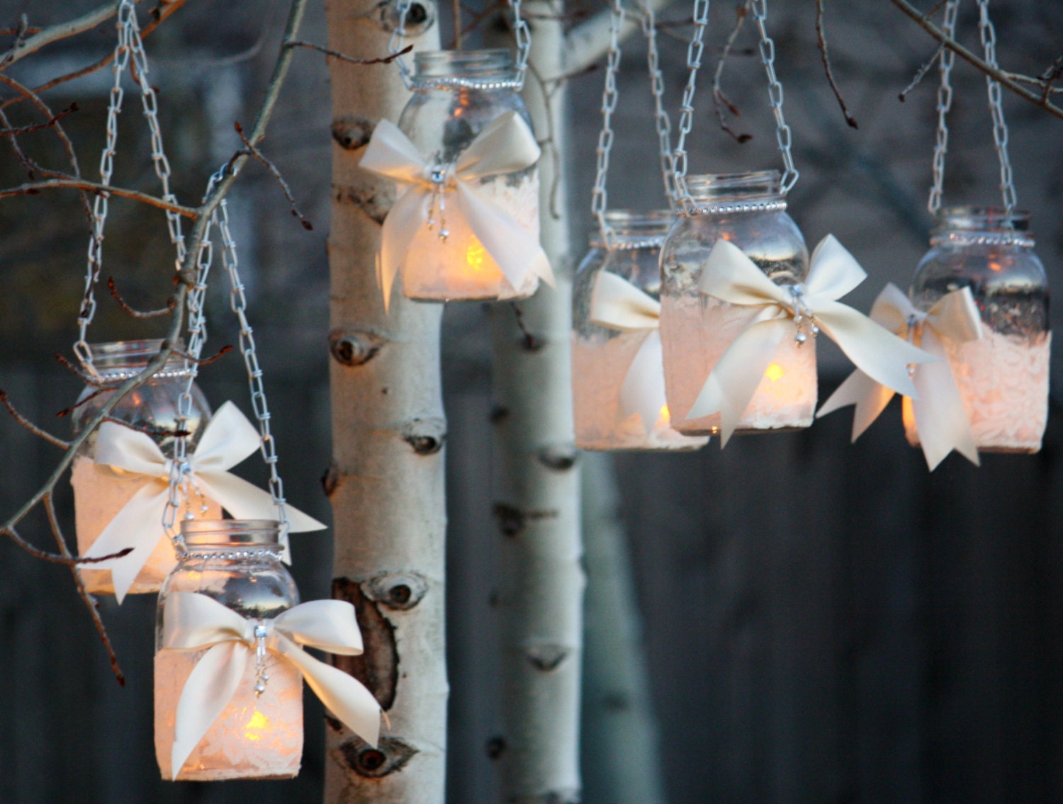 Six Wedding Or Special Event Hanging Vintage Lace Covered Mason Jar Candle Holders Luminary "A Little Bit Country& Shabby Chic"