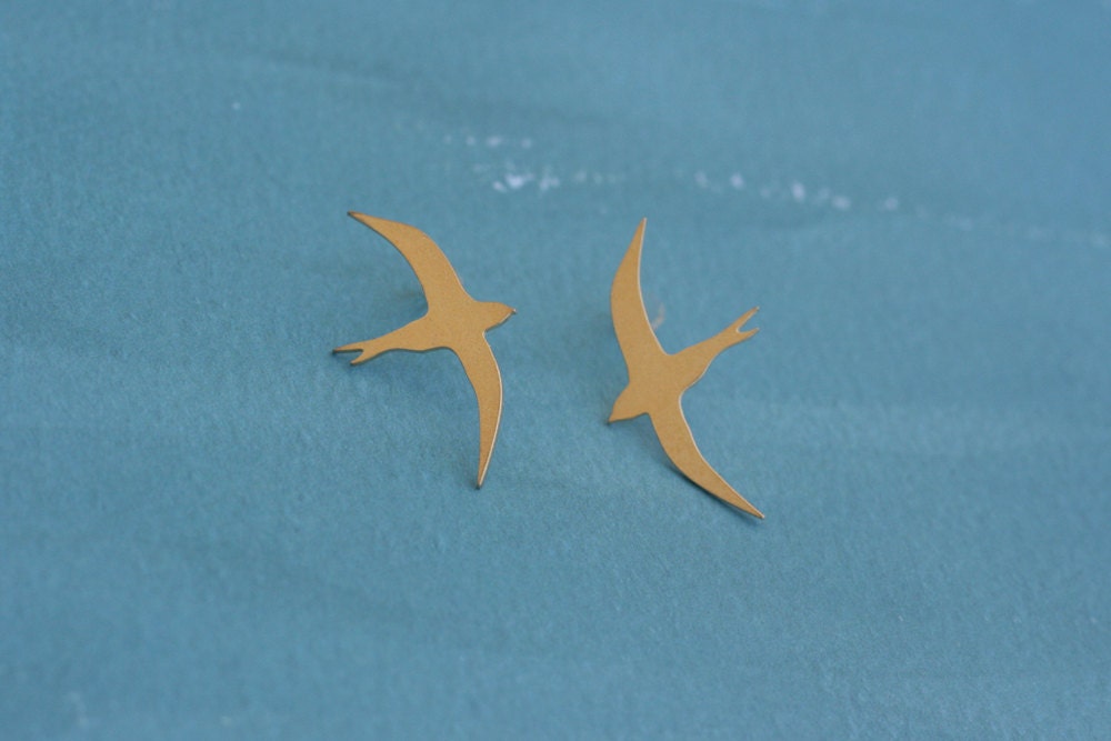 Gold Bird Earrings, Flying Seagull Posts, Bird Studs, Gold Sparrows- Ready to Ship