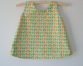 Reversible baby dress, jumper or pinny, lime green with birds, upcycled ecofriendly cotton lining, size 0, 6 - 12 months ready to ship