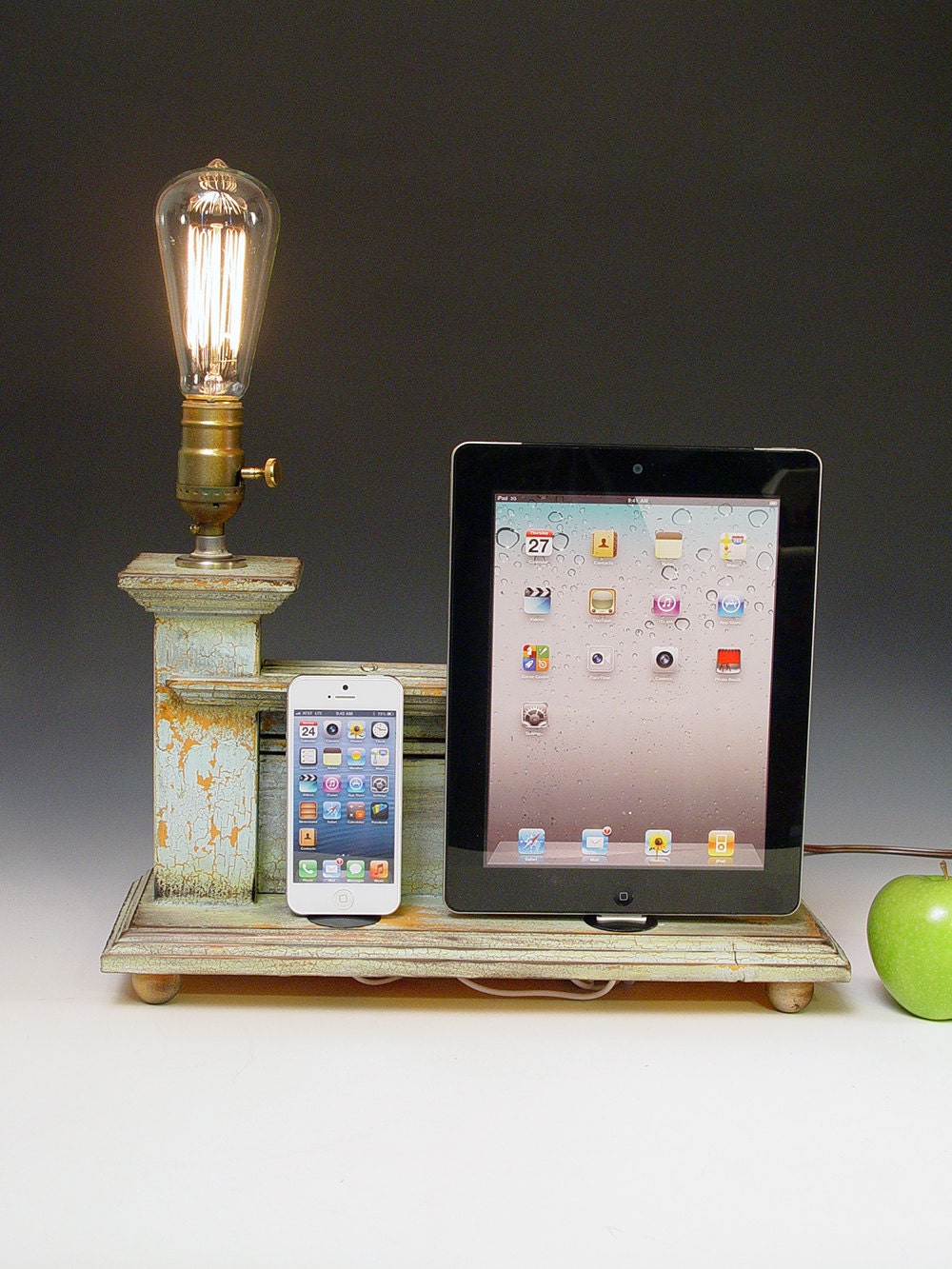 Double docking station and table lamp for ALL iPhones, iPods and iPads. 458. Edison bulb. Shabby Chic. Cottage Rustic. DockLamp.