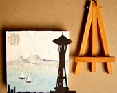 Fathers Day Gift, Home Decor, Wall Decor, Spring Decor, Boat Decor, Office Decor, Seattle Space Needle Mixed Media Art-Birthday Gift for Him