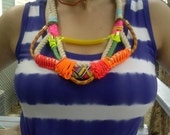 Neon Aztec Statement Necklace, Twisted Cotton Nautical Rope with Neon Red and Neon Orange bungee cord, OOAK