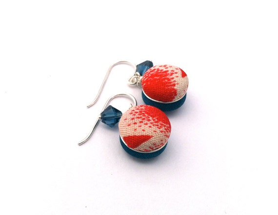 Kimono Droplet Earrings, Red, Blue, Nautical, Silk, Sterling Silver