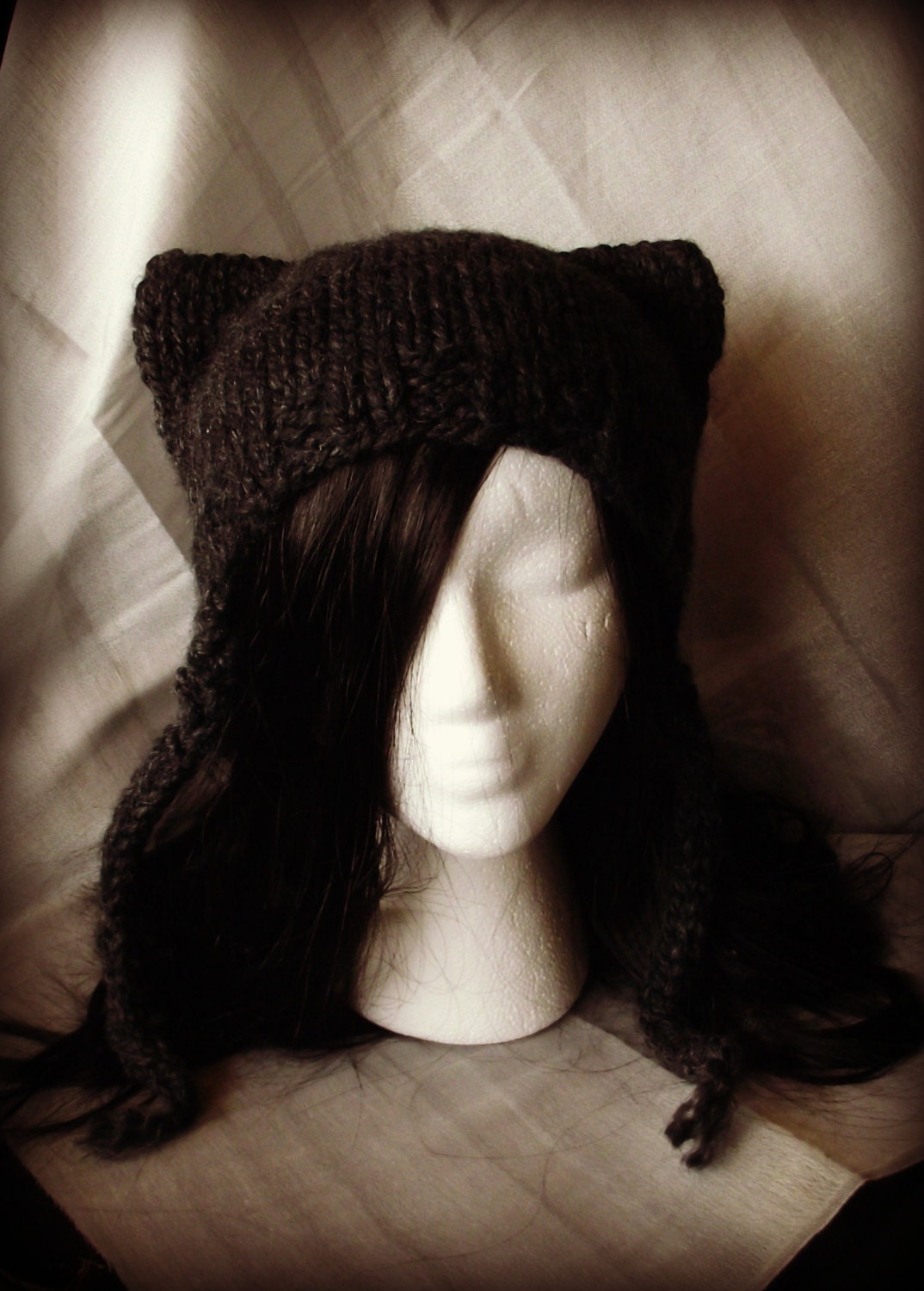 Black Kitty Ear Earflap Hat- Chunky Knitted Wool Blend- Kawaii, Cosplay, Goth