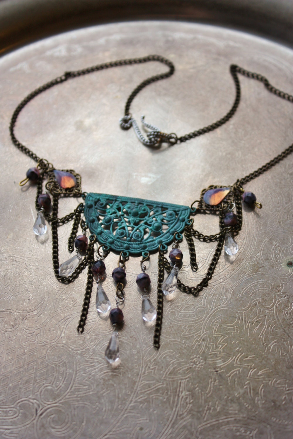 Art Nouveau Necklace- Framboise- Verdigris, Crystals, and Brass Chain Bib Style
