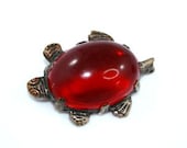 Vintage Cherry Red Jelly Belly Brooch, turtle,Red  Lucite, Silver Plated Figural. 1930's