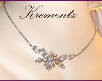 Vintage Designer KREMENTZ Clear Rhinestone Necklace, Silver Flower