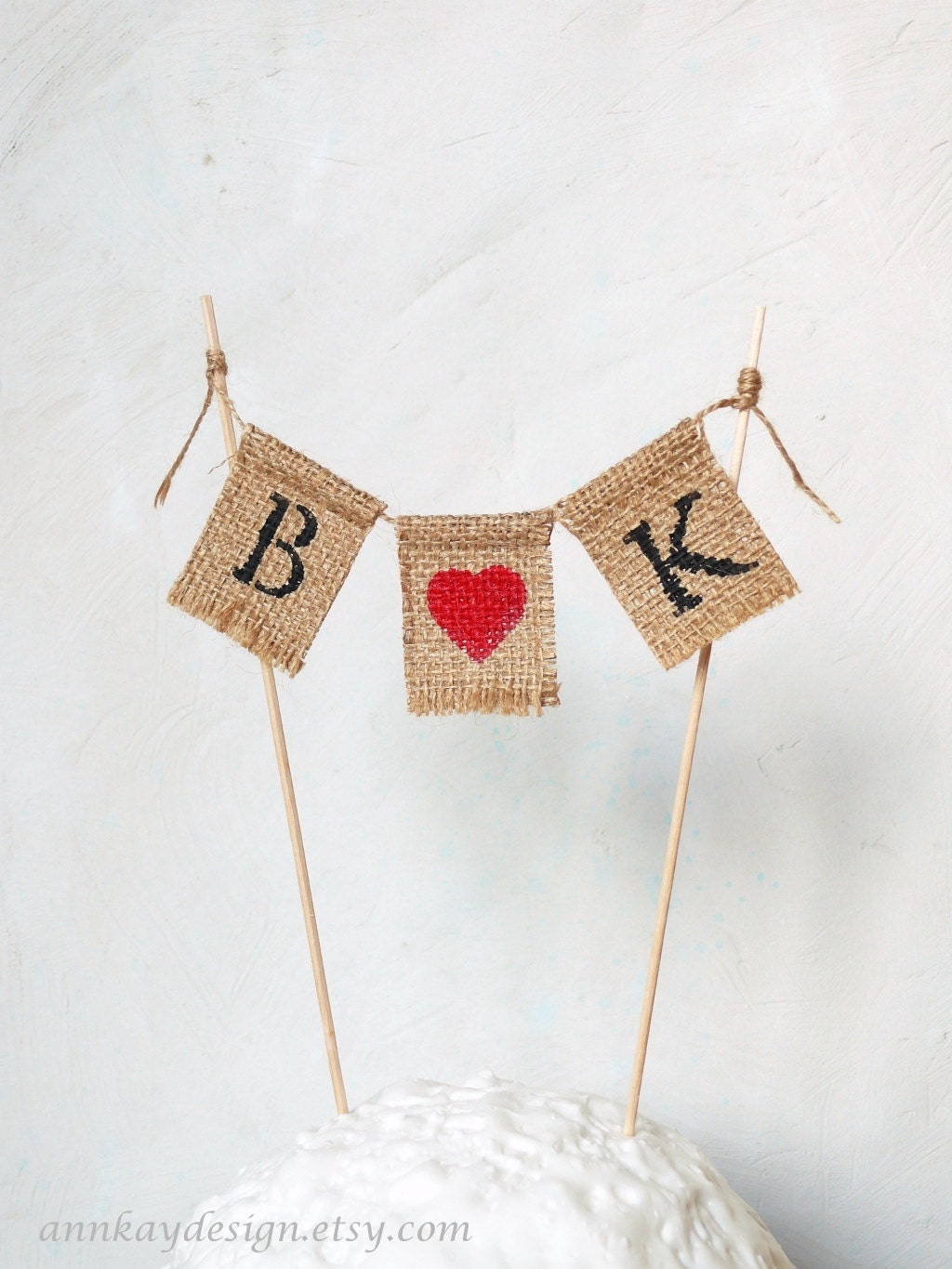 Burlap Banner Cake Topper with Custom Initials and Heart Personalized Cake Bunting