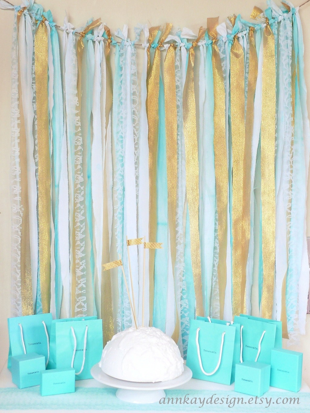 Fabric  Garland Rag Streamer Backdrop with Mint and Gold Fabric , Lace and Tulle