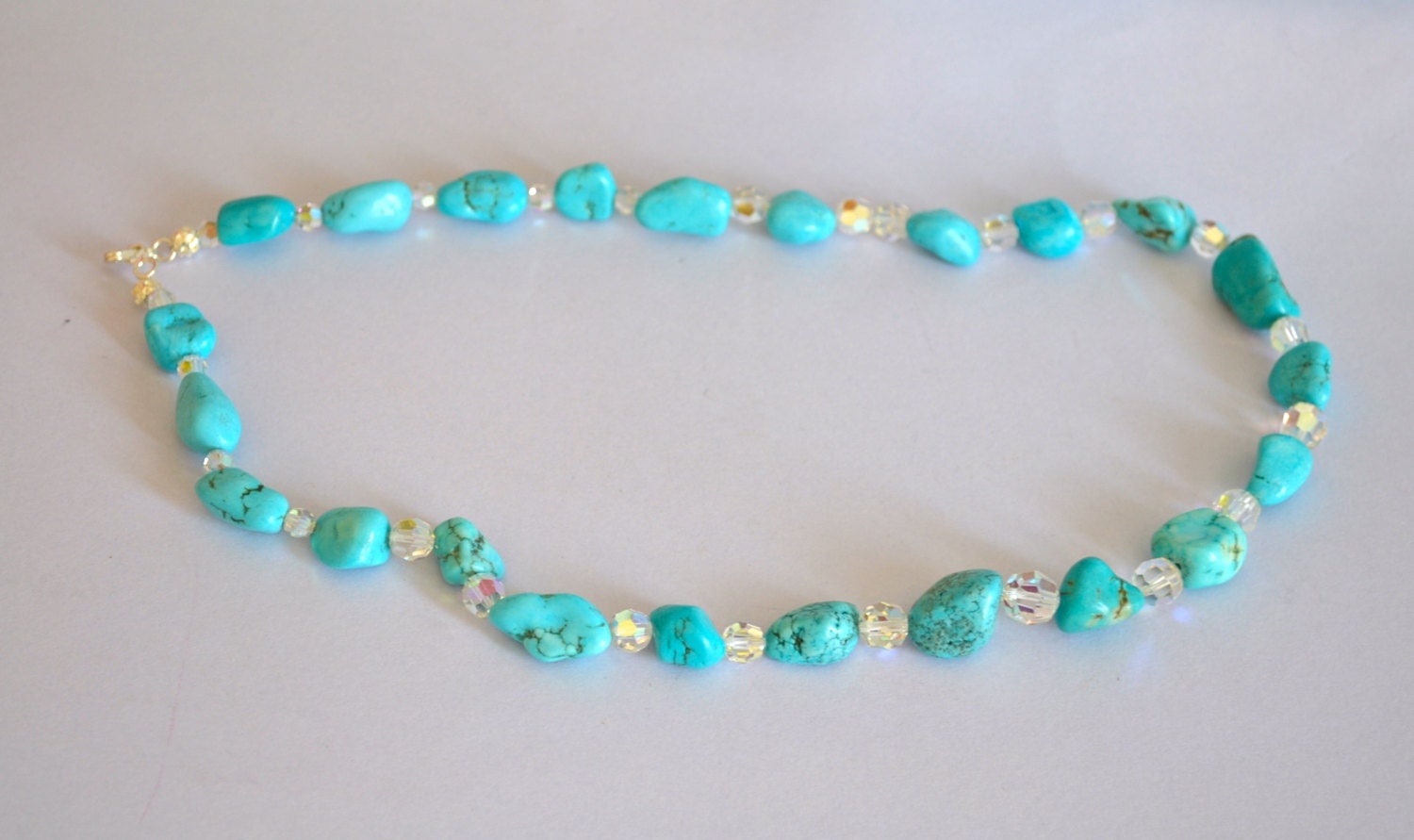 Chunky Turquoise Necklace, Clear Swarovski Crystals, Silver Clasp, Native Design, Shabby Chic Jewelry