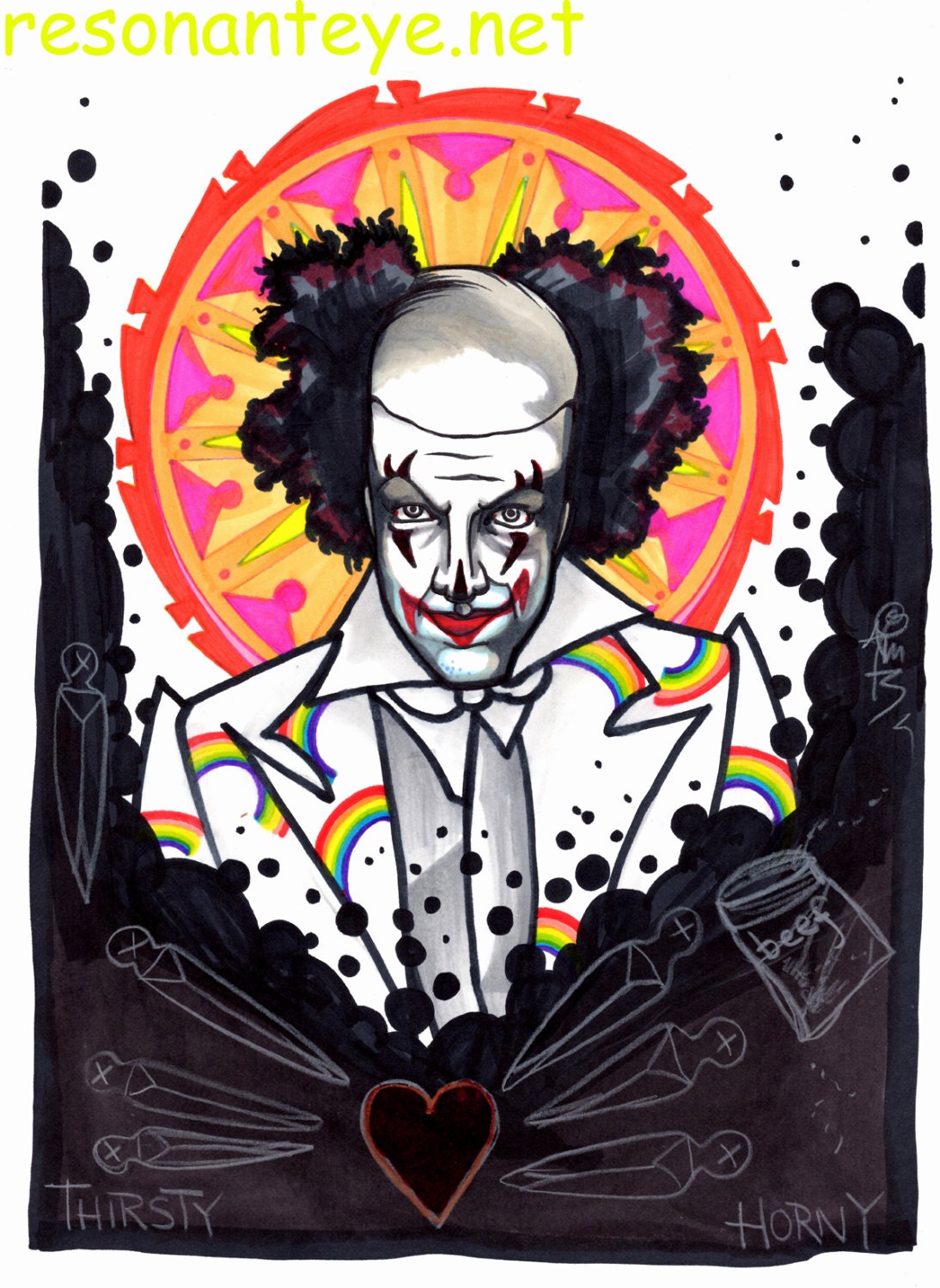 binky the clown hates you, portrait drawing, ink and wash