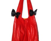 Large Upcycled Red Orange Rocker Chic Slouchy Hobo Pleather Bows Womens Purse Hand Bag Black Pleather Bows