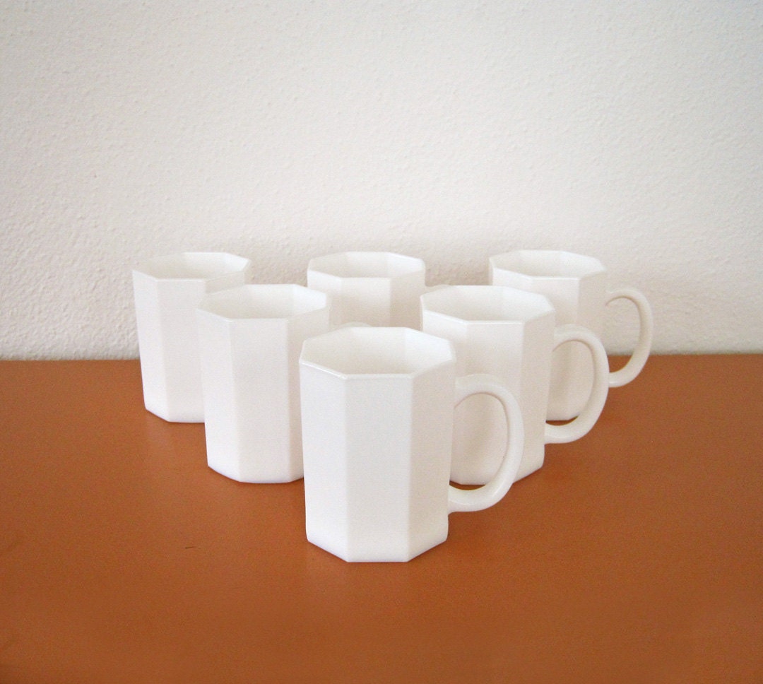 Vintage White Arcoroc Mugs, Set of Six, Milk Glass