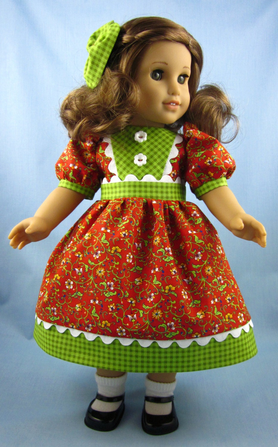 American Girl Doll Clothes  - Dress and Hair Bow in Rust Floral and Green Gingham