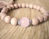 Rose Quartz Bracelet - Silver Capped Guru Bead, Rosewood and Pink Gemstone Yoga Bracelet, Love Heart Chakra, Spiritual Beads