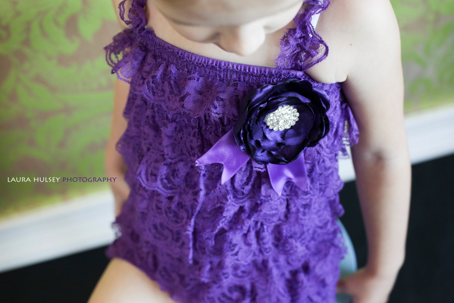FREE SHIP Lace Pettiromper Petti Romper Purple Custom Satin Bow Satin Flower With Rhinestone Center 6 mos 12 mos 1 Year 2T 3T