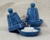 2 Tea Light Holders and Covers -- Hand Painted Terra Cotta Pot and Saucer with Ceramic Knob