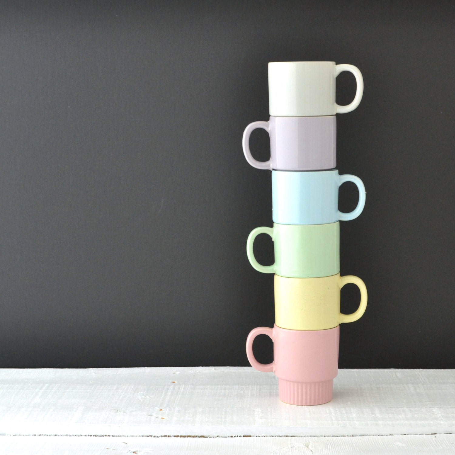 Vintage Stacking Mugs - Pastel Coffee Cups - Made in Japan - Stackable Cups - Set of 6 - VintageResolution