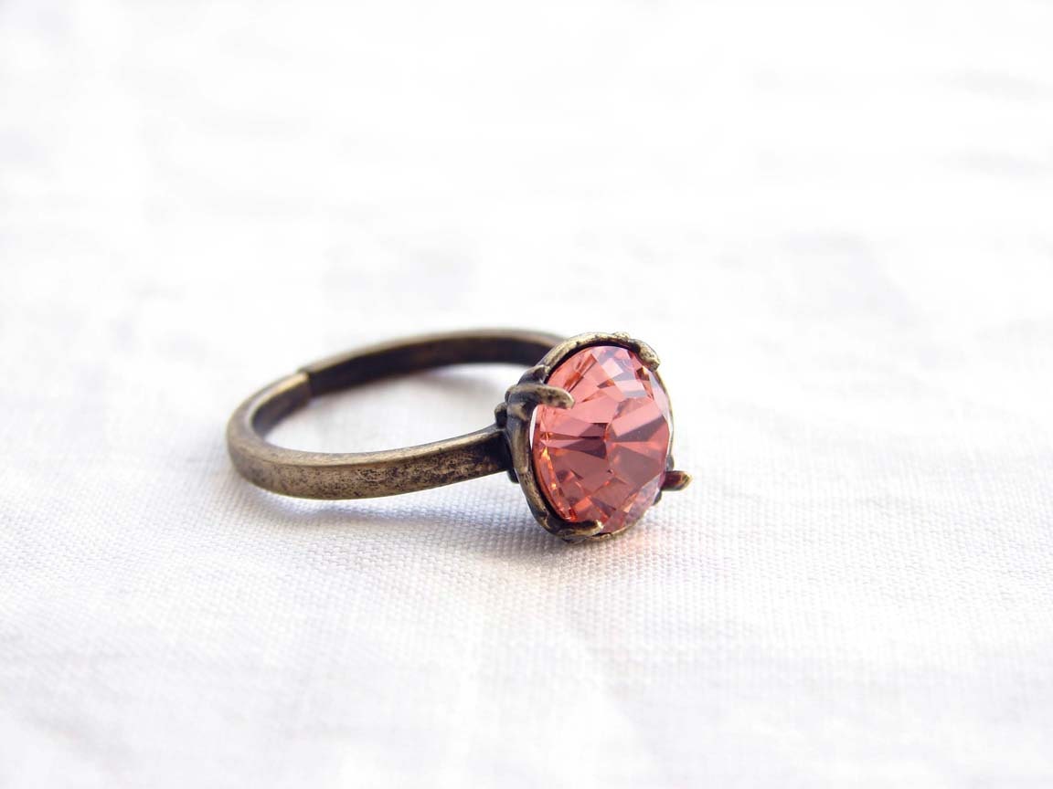 Adjustable Ring. Swarovski Solitaire Ring. Vintage Inspired. Rose Peach