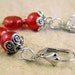 Red glass dangle earrings. Bead lever-back dangles. Victorian style handmade jewelry