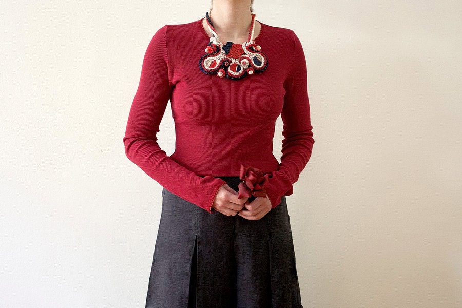 Knitted statement bib necklace with bamboo and textile beads, red blue white, OOAK