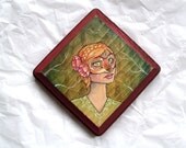 Original painting on wood of girl in fox mask