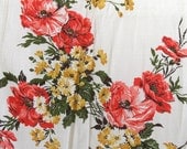 Vintage Pair of Curtain Panels Full Length Pleated Drapes Coral Salmon Peach Gold Yellow Floral Poppies Cabbage Roses