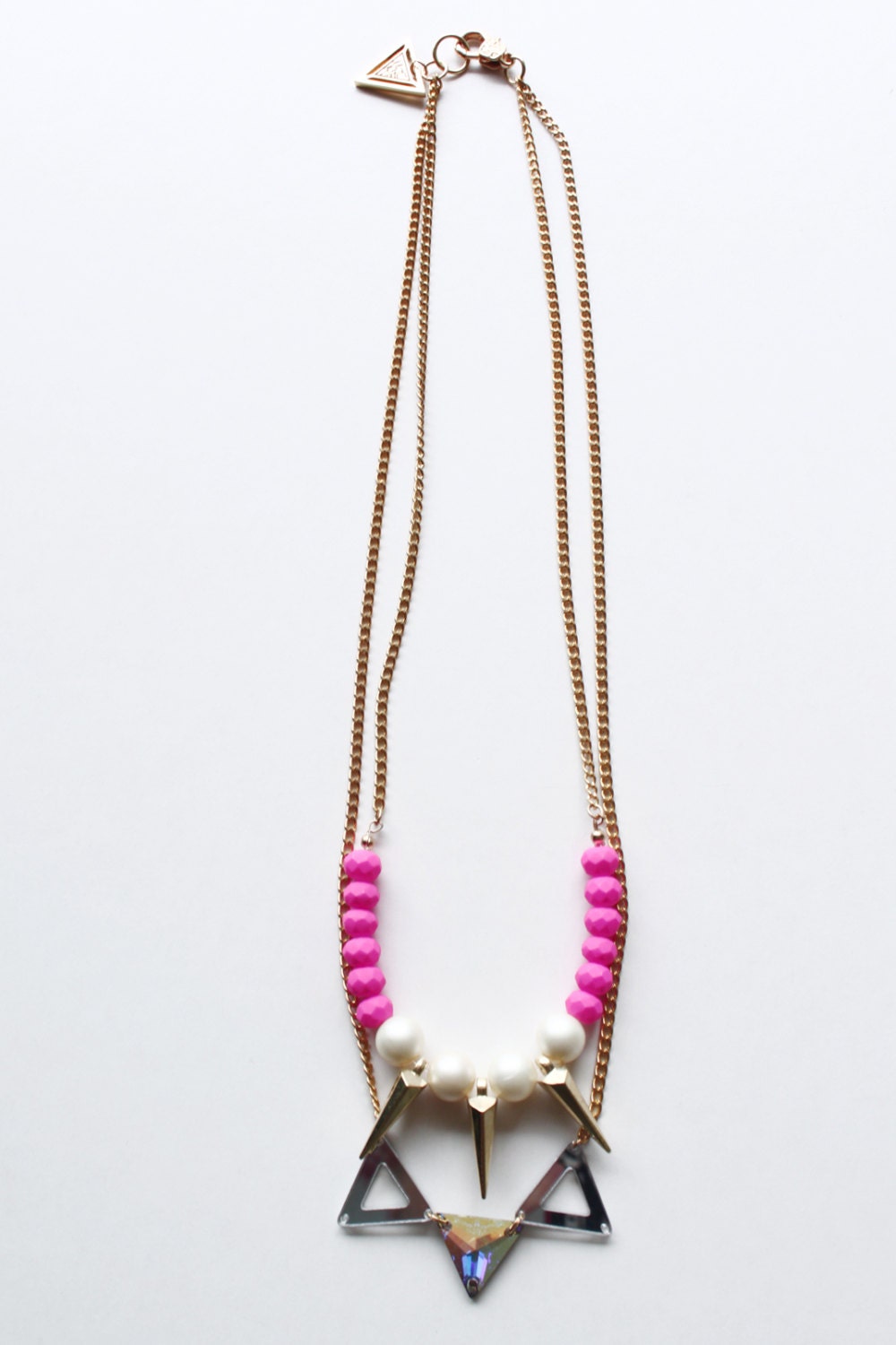 Dreamboat, neon pink boho necklace with triangles pearl and crystal, multi layer, SS13, long, quirky, statement necklace, spacepunk, OOAK