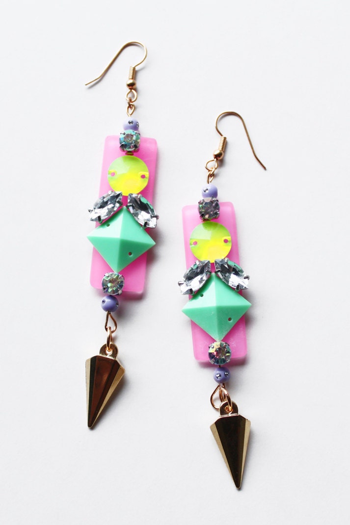 Picknmix, drop earrings, pastel neon bubblegum, bling, rhinestone, stud, festival, boho, arm party, badass, SS13, spacepunk, OOAK