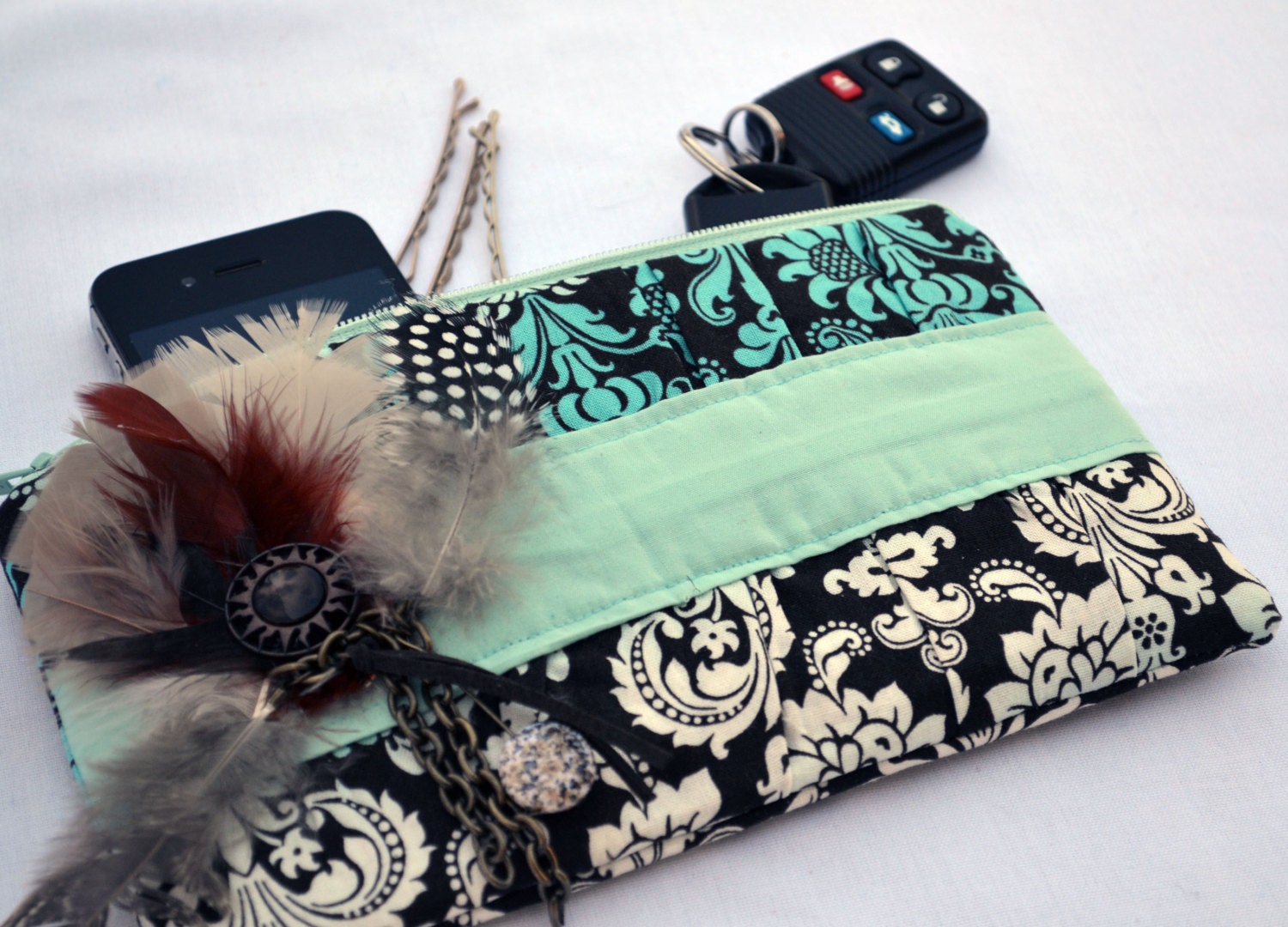 Boho feather and chain pleated Clutch Purse, zippered Pouch, summer Clutch, wristlet