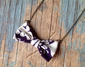 mini bow tie necklace : purple and cream retro one of a kind, ready to ship fabric bow necklace