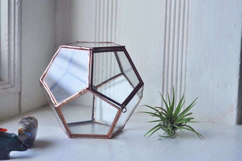 NEW Universe Terrarium Kit, small dodecahedron glass terrarium with a hinged door -- stained glass -- copper or silver color -- eco friendly