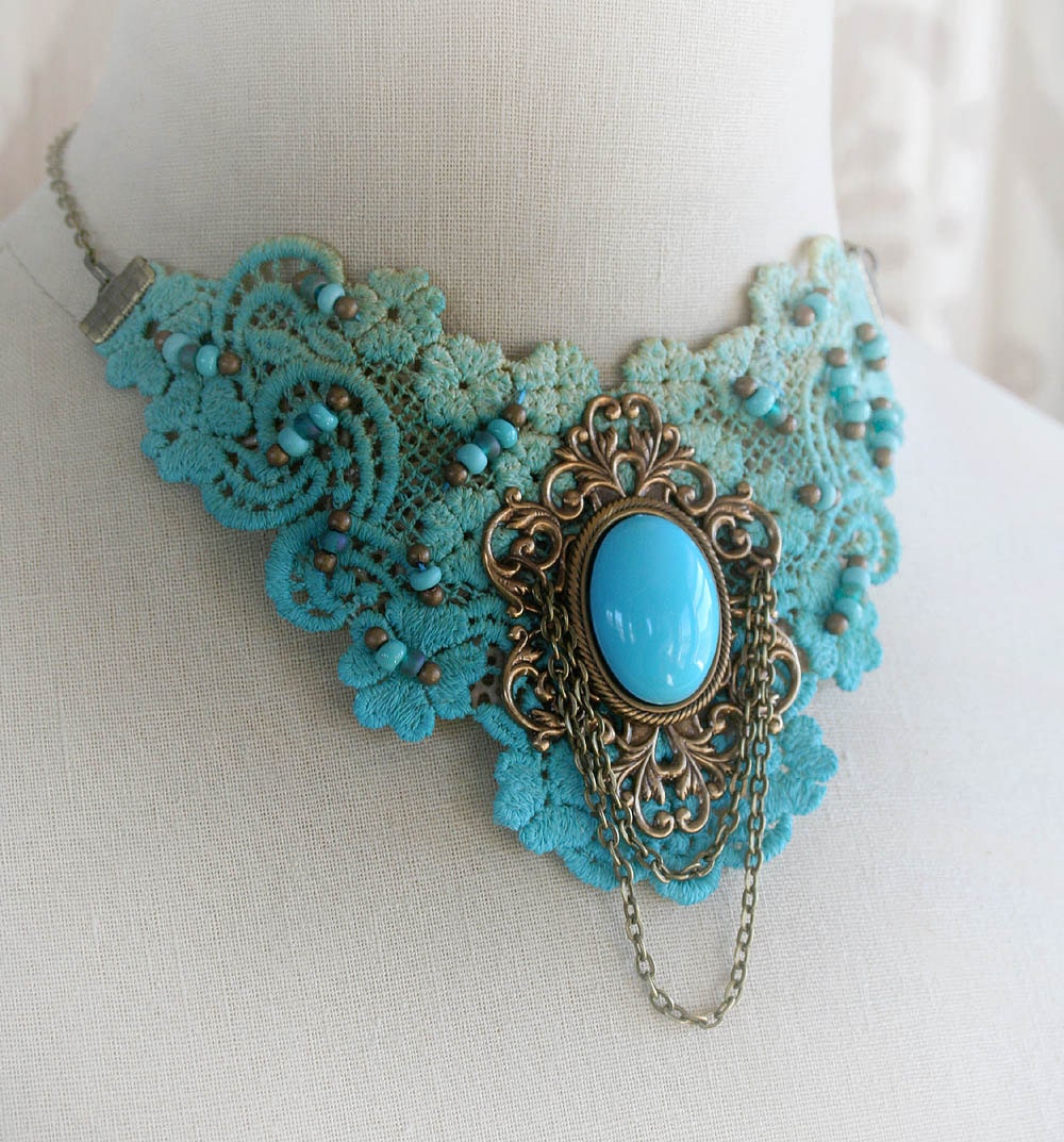 SONG of the SEA Victorian romantic venice lace choker necklace with turqouise and aged brass