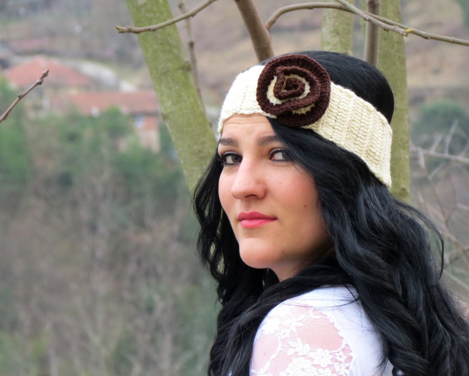 Knitted Headband Wrap Flower. Ear Warmer ivory brown. Winter Warm. Head Dress, Winter Fashion, Hair Bands Hair Coverings for Women