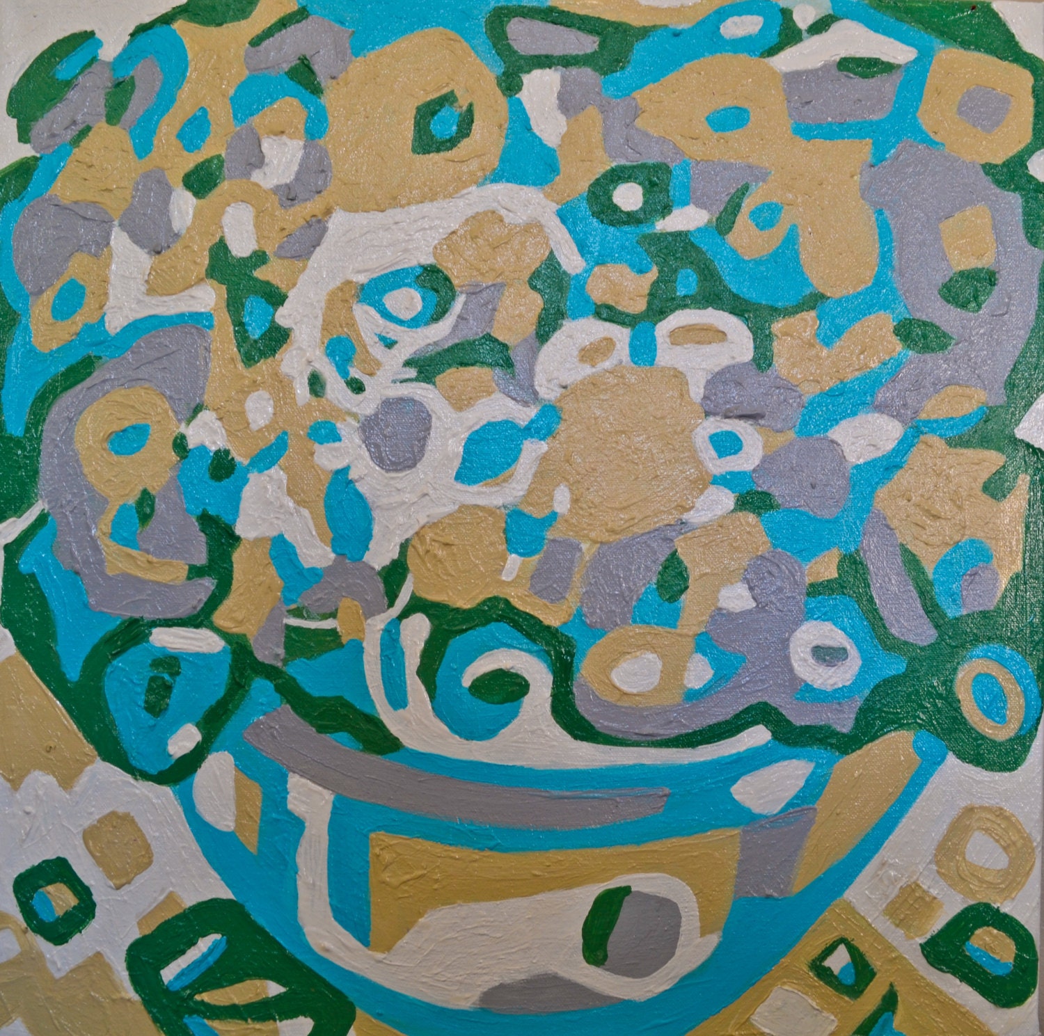 Abstract Original Acrylic Painting Modern Colorful Art Blue Green Gray White 20 x 20 by Mary Gaspar