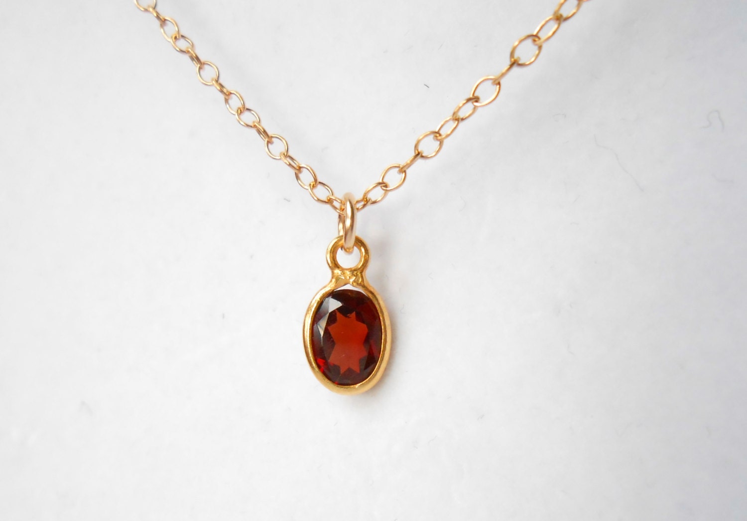 Garnet Necklace, Red Gemstone Tiny Bezel Set in Gold Vermeil - January Birthstone, Aquarius - Pretty Classic Jewelry