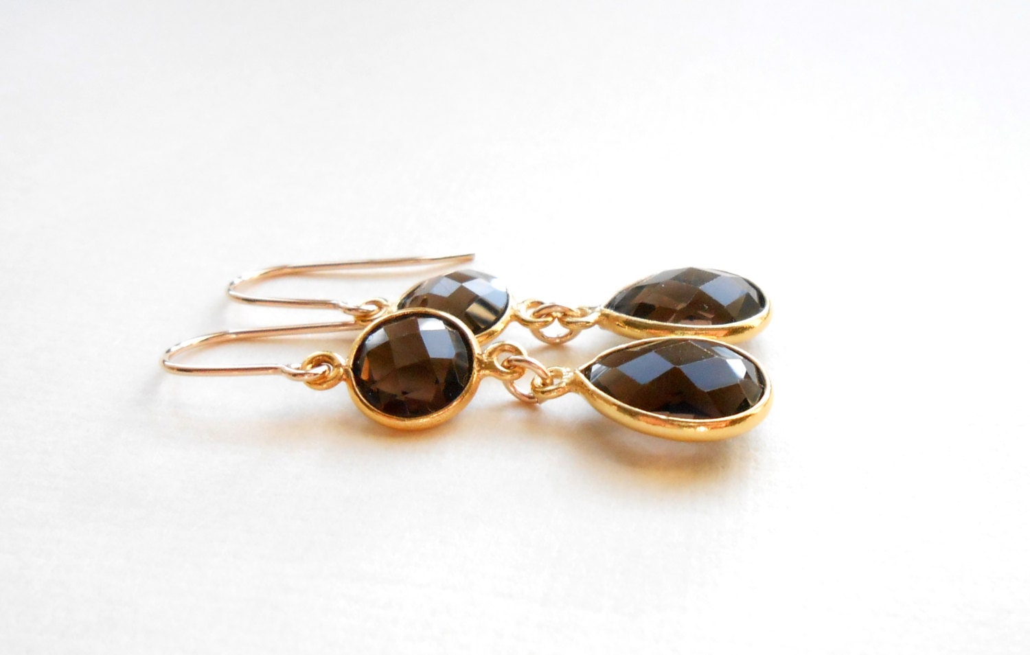 Smoky Quartz Dangle Earrings, Gemstones Bezel Set in Gold Vermeil - Bridesmaids Set, Long Framed Stone Jewelry