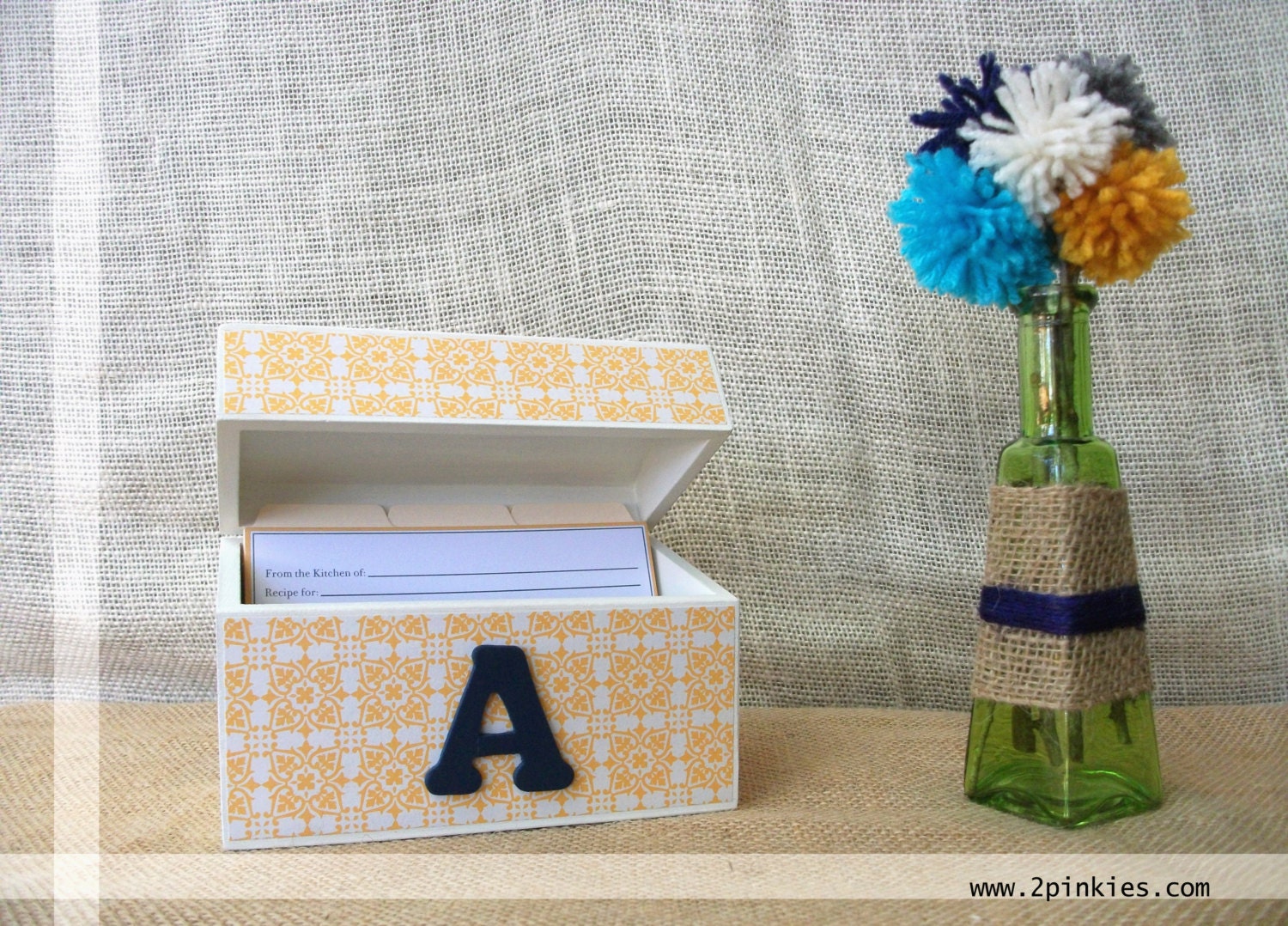 Recipe Box - Wooden, Yellow and Navy Blue, Recipe Cards and Recipe Dividers