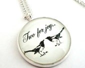 Magpie Bird Glass Pendant Necklace Black White Art Illustration Picture