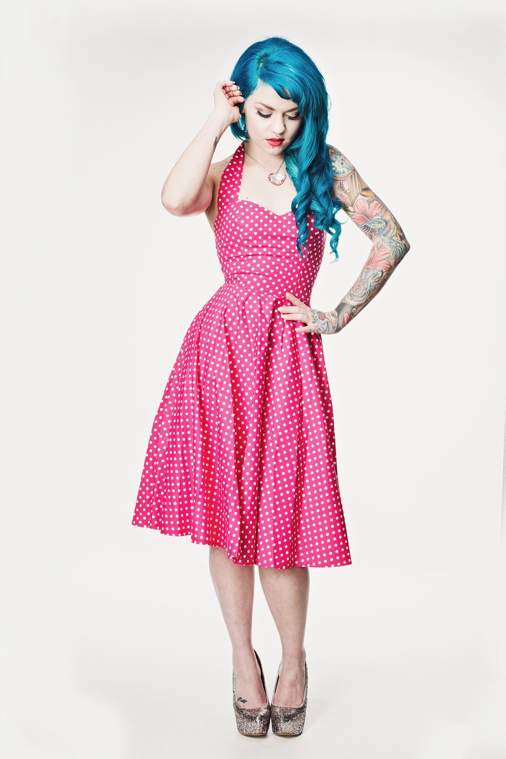 Pink polka dot Rockabilly dress- Pin up, 50's style