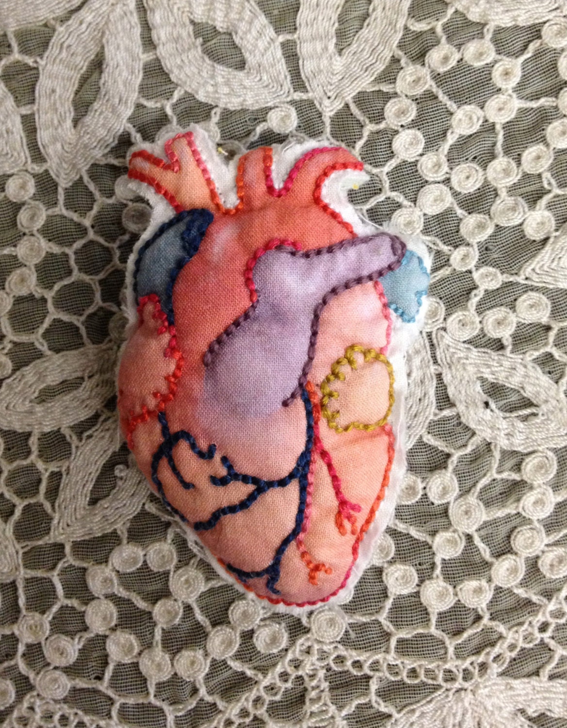 Valentine Heart Pin, anatomical, hand-embroidered plush accessory, crafty, cute, unique