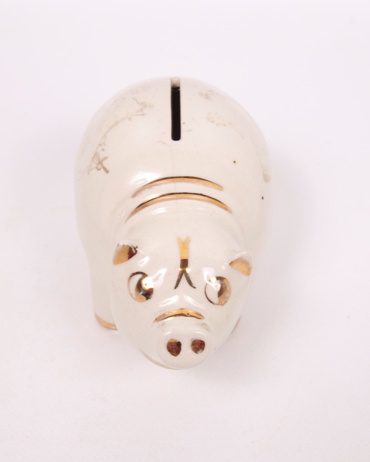Vintage Still Piggy Bank Ivory and Gold Greers Ceramic CA Souvenir Made in Japan