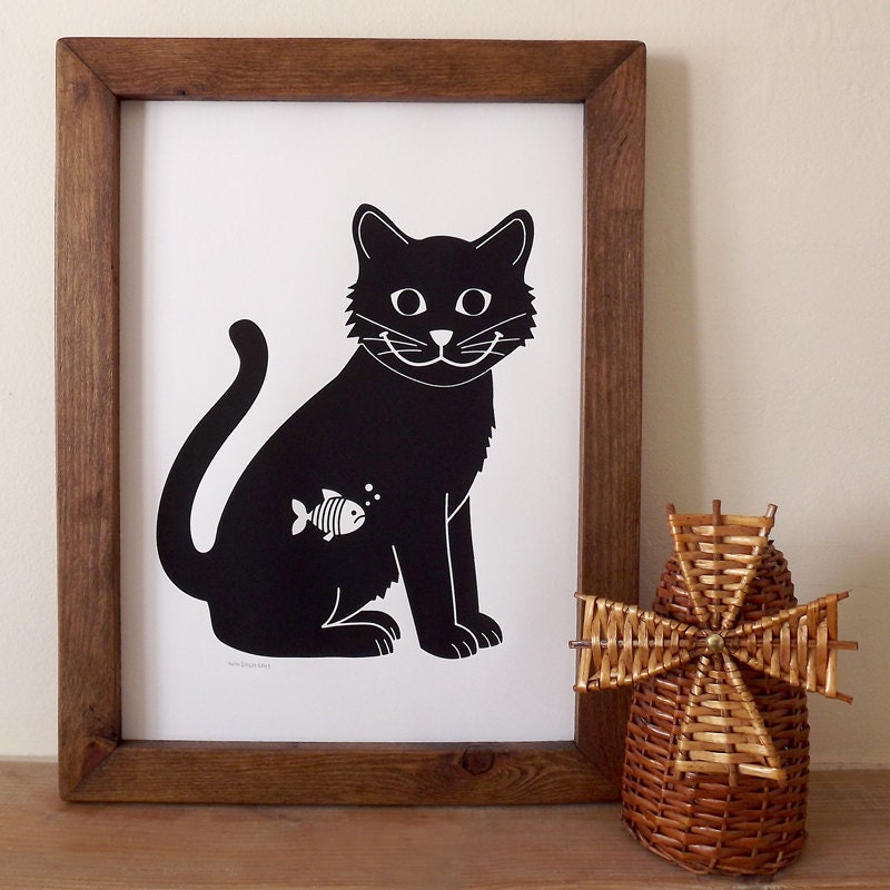 Happy Cat (Sad Fish) Screen print poster by hello DODO - Fun Black Cat