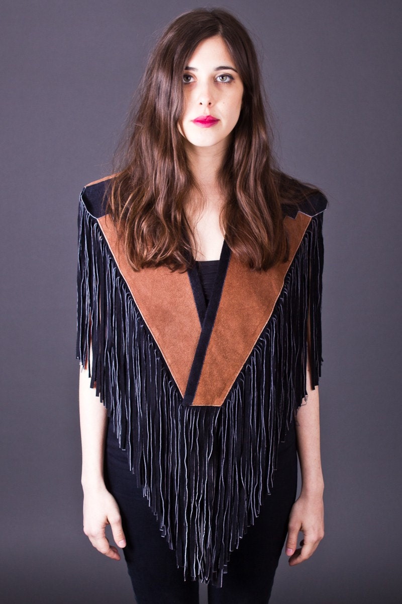 70s Vintage Reversible Suede Fringe Vest in Black & Brown
