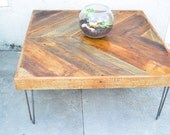 Reclaimed Barn wood Chevron herringbone COFFEE, entry way foyer loft console coffee sofa dining table.  Modern hairpin steel legs.