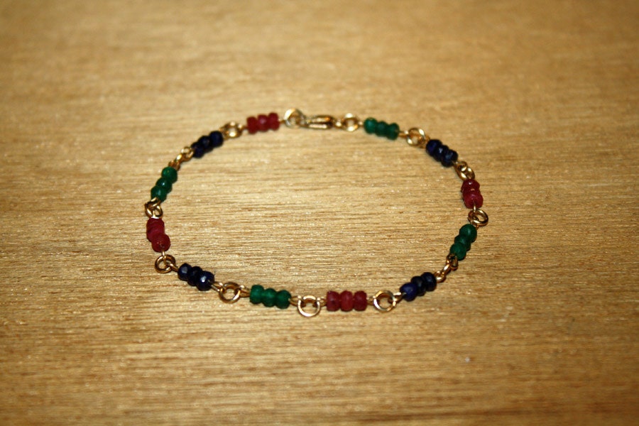 Blue Sapphire, Pink Ruby, Emerald Gemstone Bracelet Precious Gem Gold Chain Delicate Handmade Jewelry