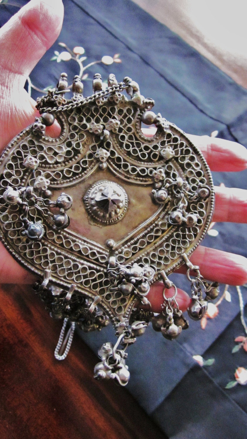 Sale HUGE RARE Antique Indian Solid Silver Shield Amulet Necklace w bells from Rajasthan India .Tribal, Ethnic,Gypsy, 'WA Street Team'