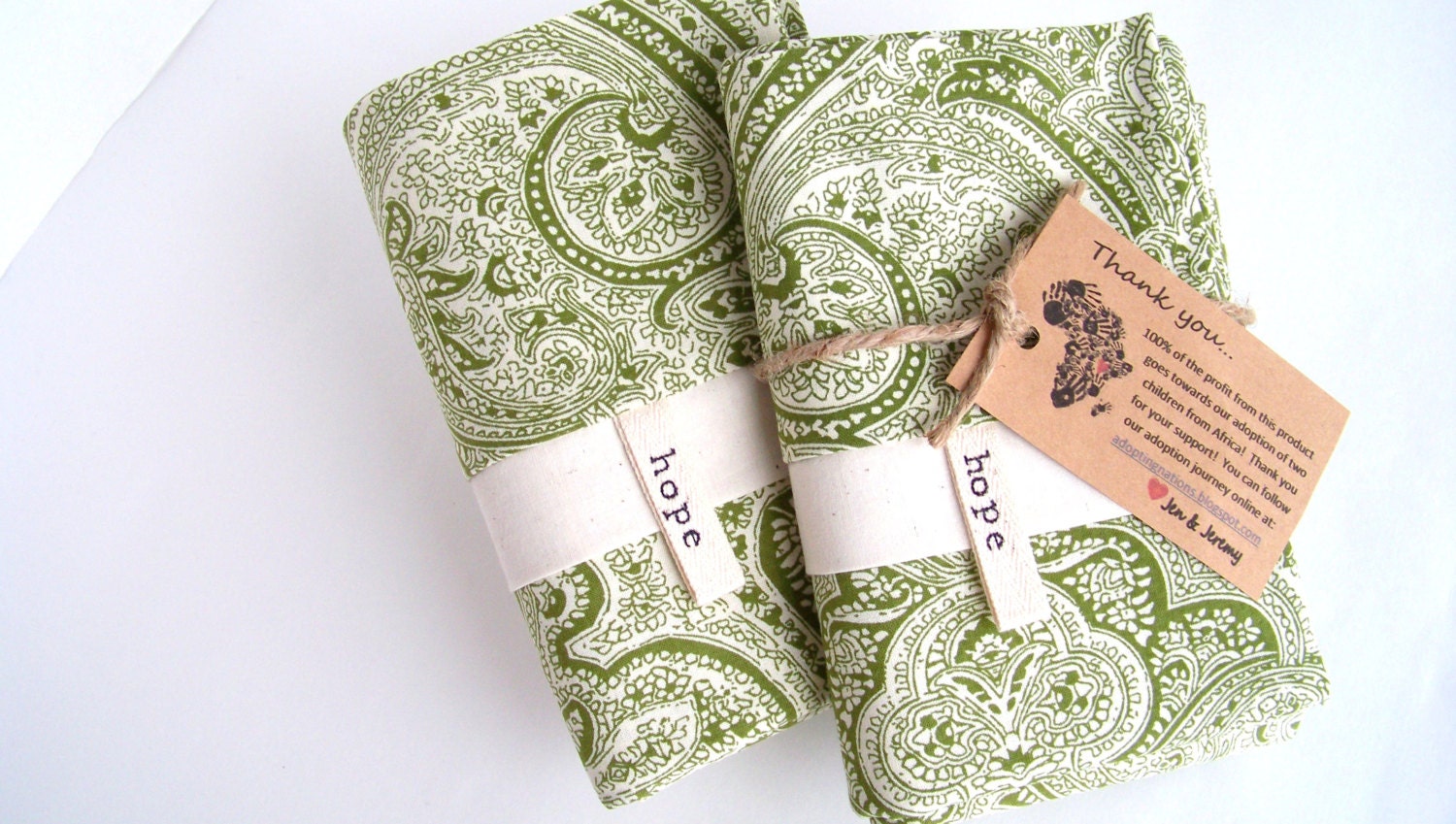 Pillowcases Paisley Olive Green Cream Hope Set-Africa Adoption Fundraiser
