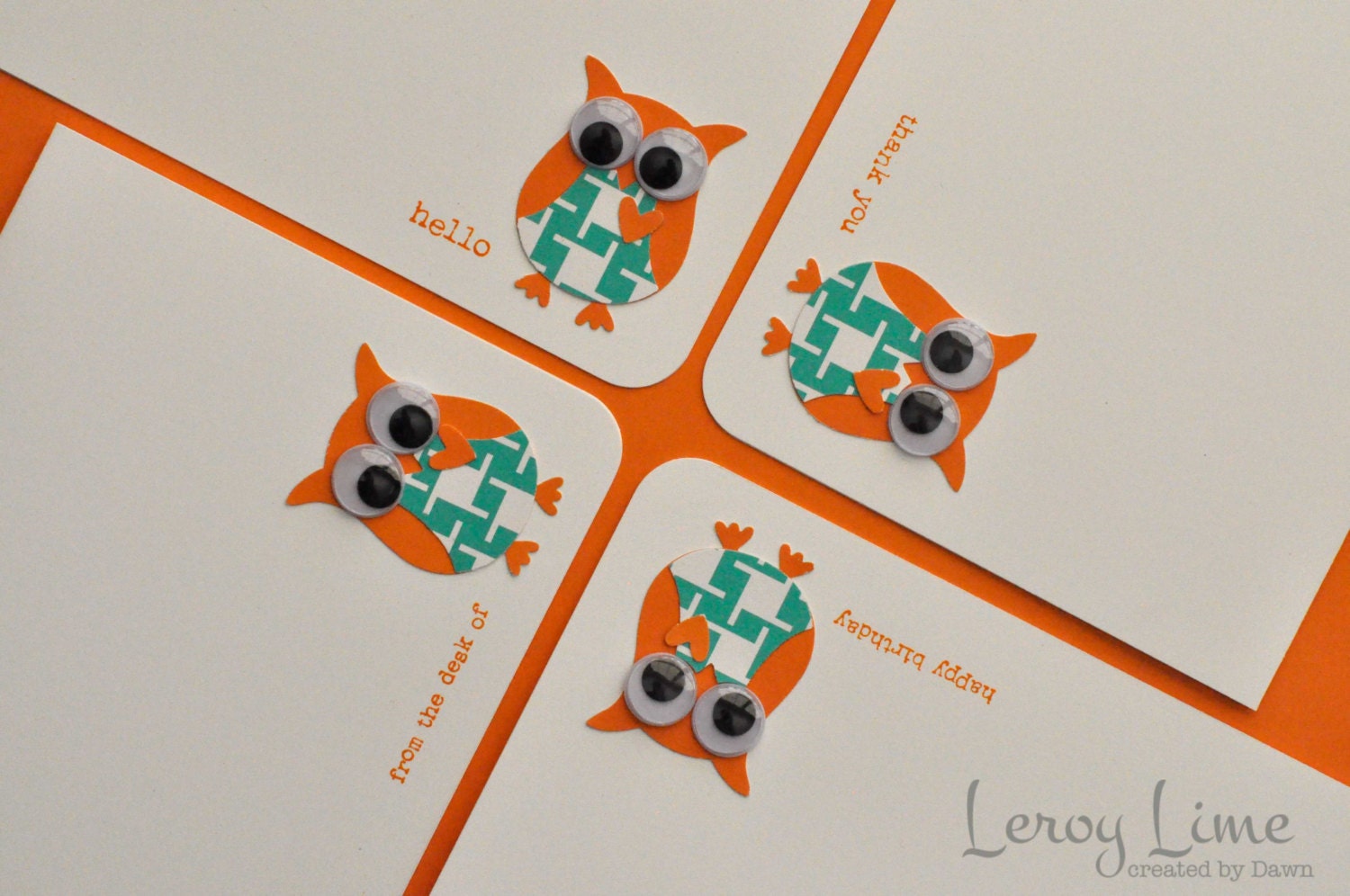 Set of 4 - Wide Eyed Owl Note Cards - Notecards - Hello, Happy Birthday, Thank You, From the Desk of - Ready to Ship