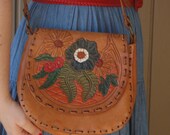 Vintage Painted Floral Tooled Leather Satchel Crossbody Bag Purse